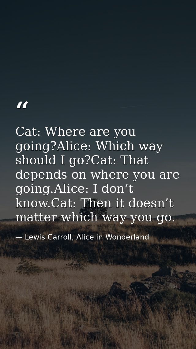Cat: Where are you going?Alice: Which way should I go?Cat: That depends on where you are going.Alice: I don’t know.Cat:  — Lewis Carroll, Alice in Wonderland