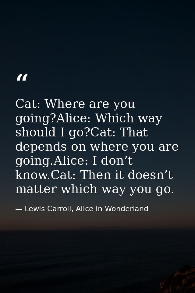 Cat: Where are you going?Alice: Which way should I go?Cat: That depends on where you are going.Alice: I don’t know.Cat:  — Lewis Carroll, Alice in Wonderland