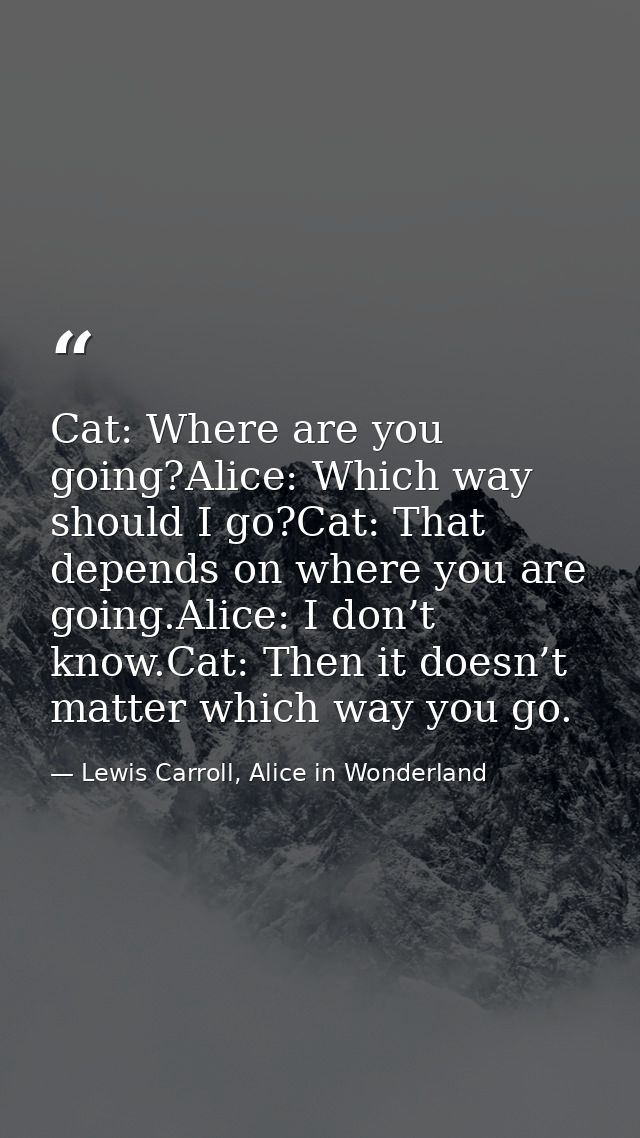 Cat: Where are you going?Alice: Which way should I go?Cat: That depends on where you are going.Alice: I don’t know.Cat:  — Lewis Carroll, Alice in Wonderland