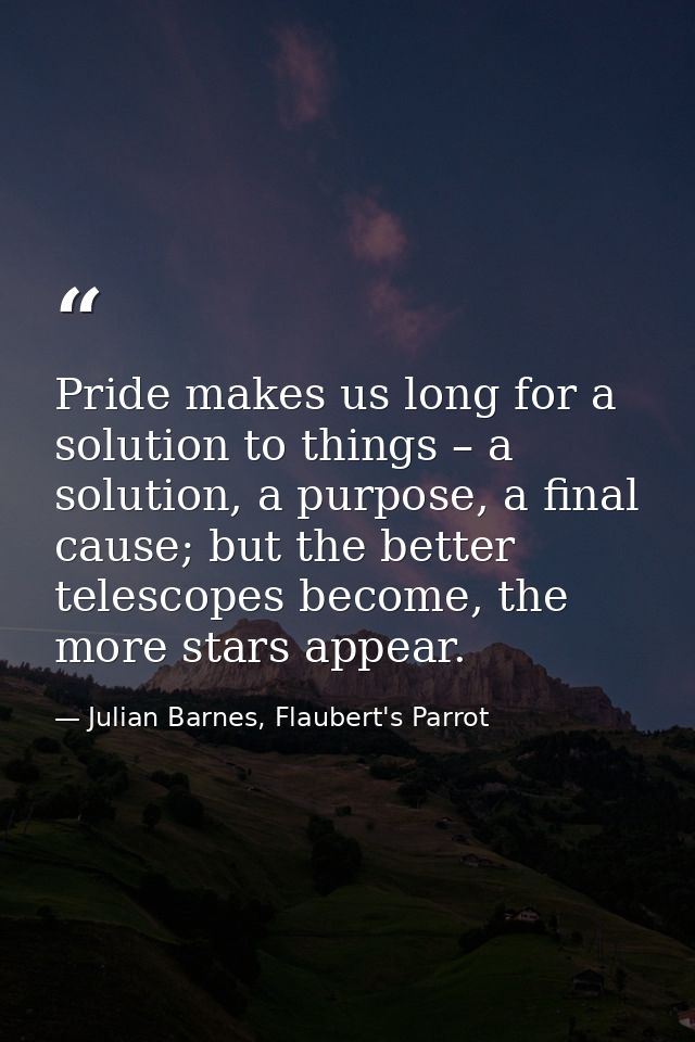 Pride makes us long for a solution to things – a solution, a purpose, a final cause; but the better telescopes become, t — Julian Barnes, Flaubert's Parrot