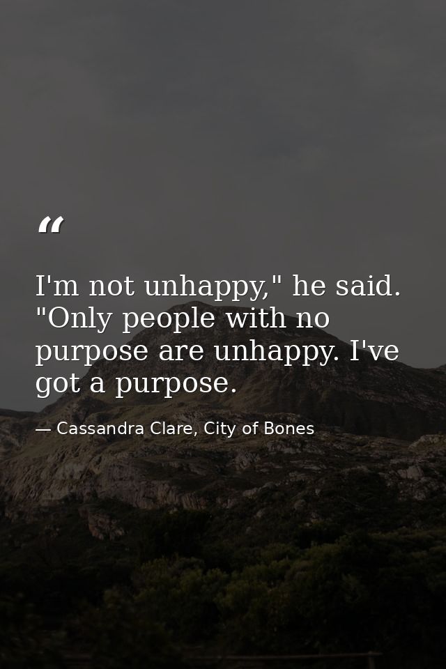 I'm not unhappy," he said. "Only people with no purpose are unhappy. I've got a purpose. — Cassandra Clare, City of Bones