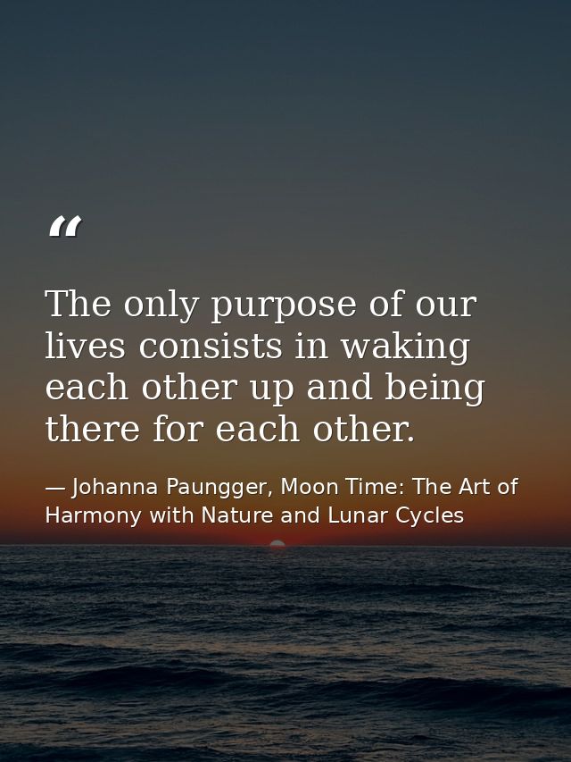 The only purpose of our lives consists in waking each other up and being there for each other. — Johanna Paungger, Moon Time: The Art of Harmony with Nature and Lunar Cycles