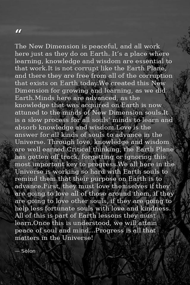 The New Dimension is peaceful, and all work here just as they do on Earth. It’s a place where learning, knowledge and wi — Solon