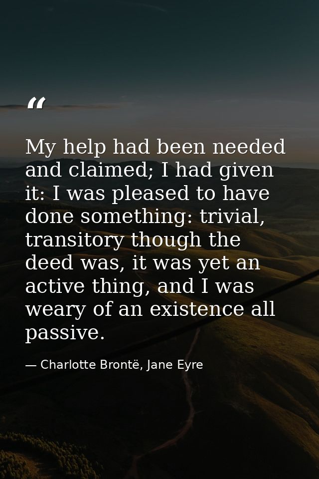My help had been needed and claimed; I had given it: I was pleased to have done something: trivial, transitory though th — Charlotte Brontë, Jane Eyre