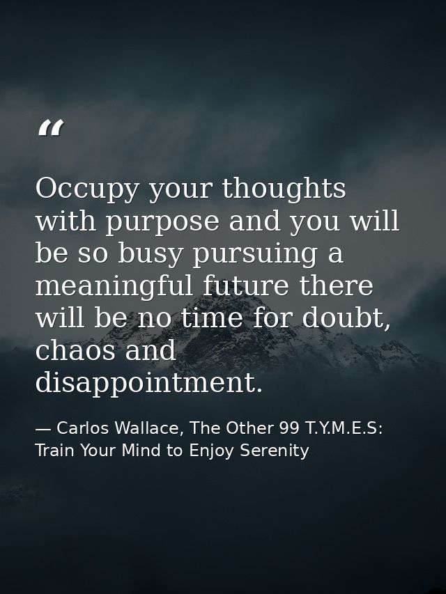 Occupy your thoughts with purpose and you will be so busy pursuing a meaningful future there will be no time for doubt,  — Carlos Wallace, The Other 99 T.Y.M.E.S: Train Your Mind to Enjoy Serenity
