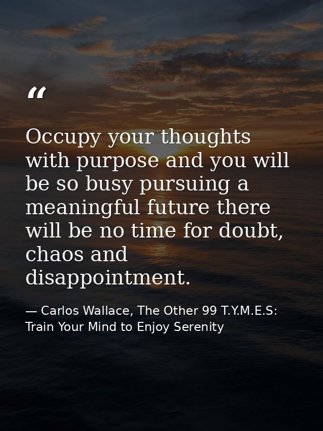 Occupy your thoughts with purpose and you will be so busy pursuing a meaningful future there will be no time for doubt,  — Carlos Wallace, The Other 99 T.Y.M.E.S: Train Your Mind to Enjoy Serenity