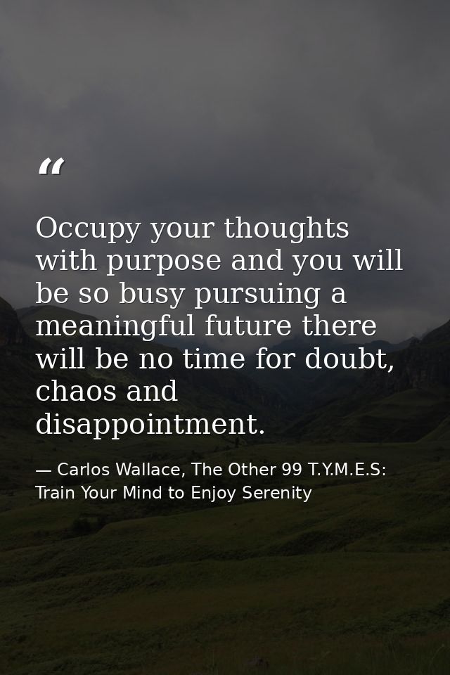 Occupy your thoughts with purpose and you will be so busy pursuing a meaningful future there will be no time for doubt,  — Carlos Wallace, The Other 99 T.Y.M.E.S: Train Your Mind to Enjoy Serenity