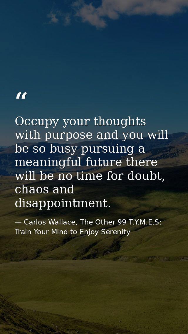 Occupy your thoughts with purpose and you will be so busy pursuing a meaningful future there will be no time for doubt,  — Carlos Wallace, The Other 99 T.Y.M.E.S: Train Your Mind to Enjoy Serenity