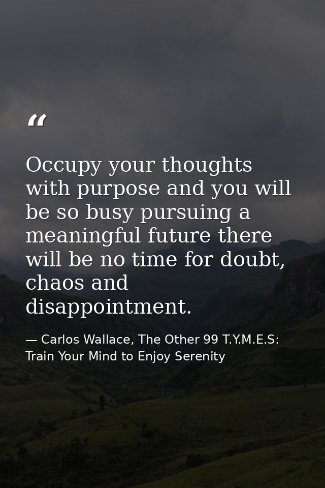 Occupy your thoughts with purpose and you will be so busy pursuing a meaningful future there will be no time for doubt,  — Carlos Wallace, The Other 99 T.Y.M.E.S: Train Your Mind to Enjoy Serenity