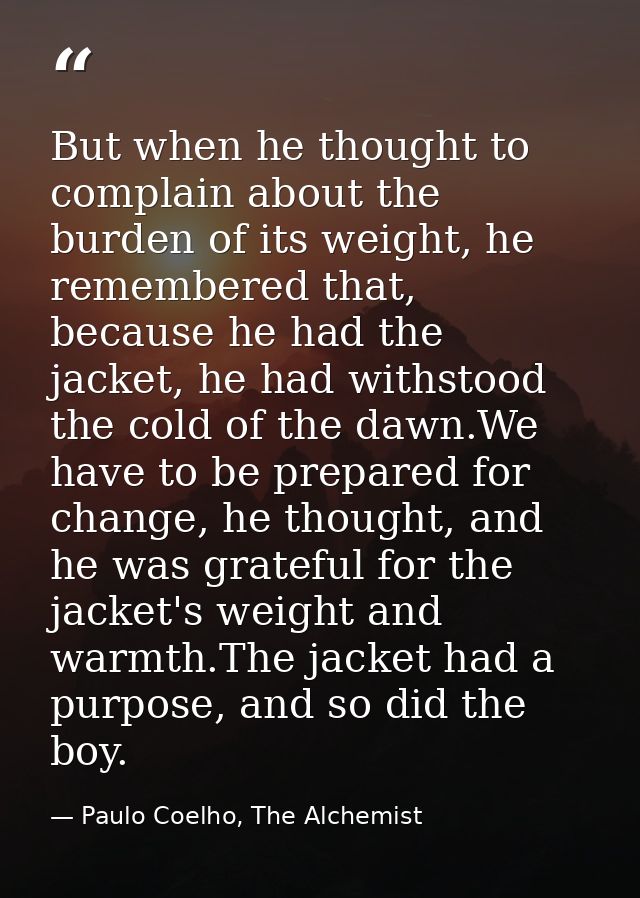 But when he thought to complain about the burden of its weight, he remembered that, because he had the jacket, he had wi — Paulo Coelho, The Alchemist