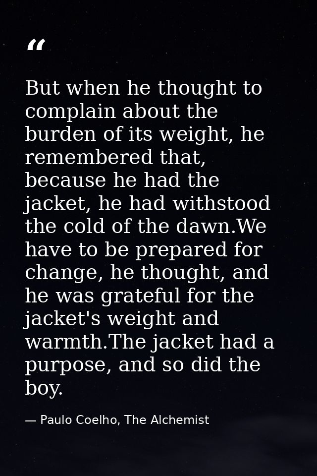 But when he thought to complain about the burden of its weight, he remembered that, because he had the jacket, he had wi — Paulo Coelho, The Alchemist