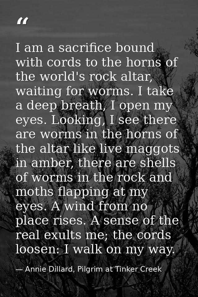 I am a sacrifice bound with cords to the horns of the world's rock altar, waiting for worms. I take a deep breath, I ope — Annie Dillard, Pilgrim at Tinker Creek
