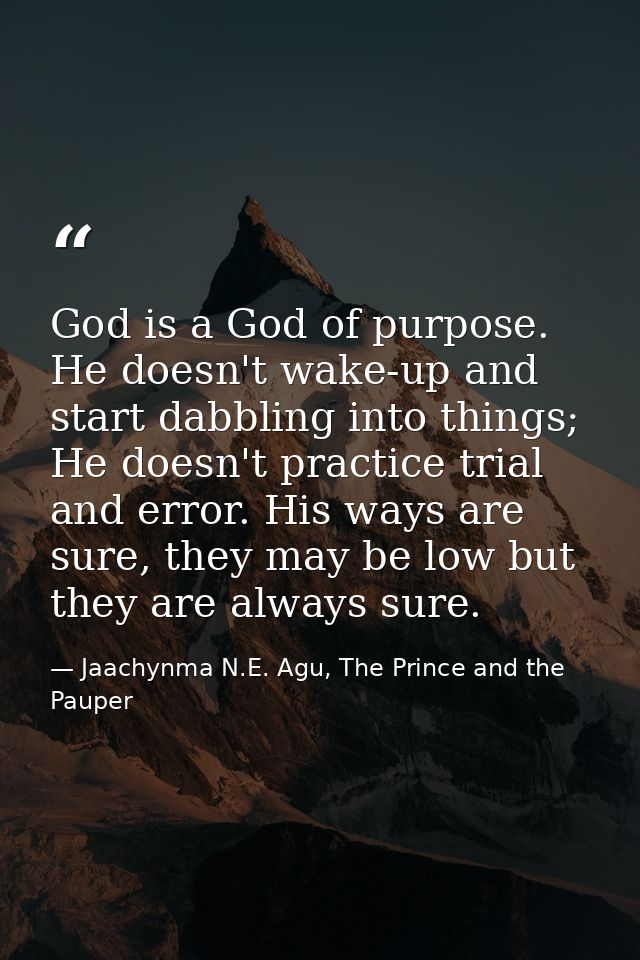 God is a God of purpose. He doesn't wake-up and start dabbling into things; He doesn't practice trial and error. His way — Jaachynma N.E. Agu, The Prince and the Pauper