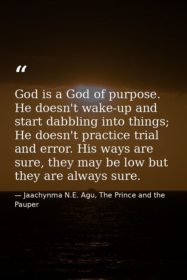 God is a God of purpose. He doesn't wake-up and start dabbling into things; He doesn't practice trial and error. His way — Jaachynma N.E. Agu, The Prince and the Pauper