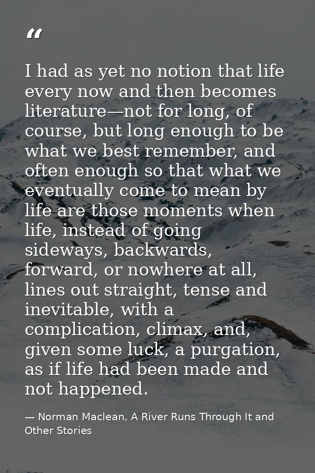 I had as yet no notion that life every now and then becomes literature—not for long, of course, but long enough to be wh — Norman Maclean, A River Runs Through It and Other Stories