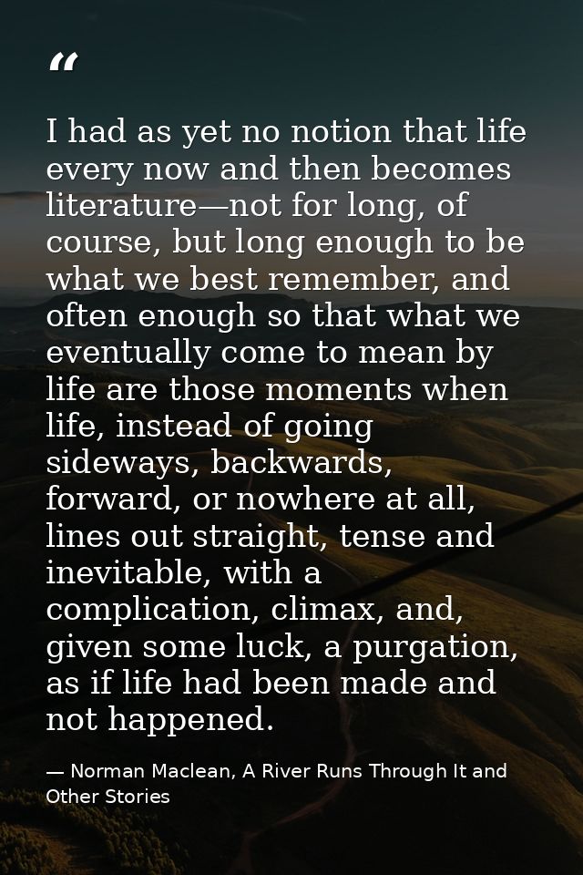 I had as yet no notion that life every now and then becomes literature—not for long, of course, but long enough to be wh — Norman Maclean, A River Runs Through It and Other Stories