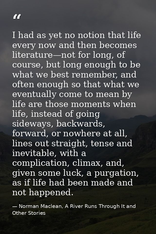 I had as yet no notion that life every now and then becomes literature—not for long, of course, but long enough to be wh — Norman Maclean, A River Runs Through It and Other Stories