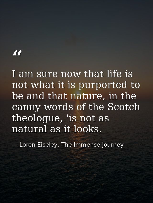 I am sure now that life is not what it is purported to be and that nature, in the canny words of the Scotch theologue, ' — Loren Eiseley, The Immense Journey