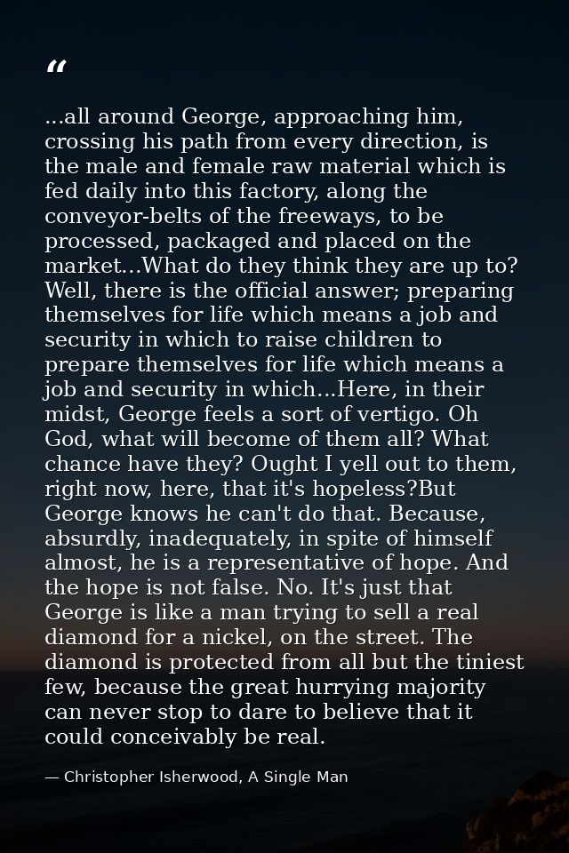 ...all around George, approaching him, crossing his path from every direction, is the male and female raw material which — Christopher Isherwood, A Single Man