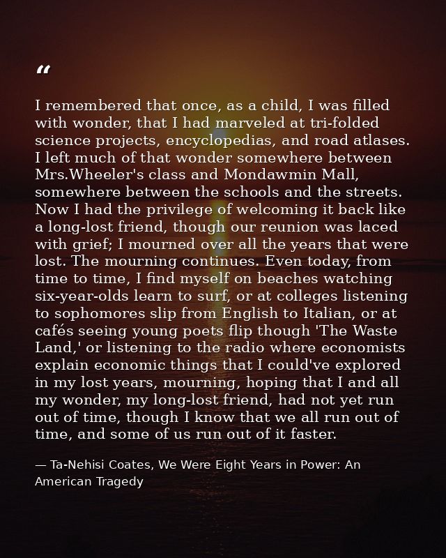 I remembered that once, as a child, I was filled with wonder, that I had marveled at tri-folded science projects, encycl — Ta-Nehisi Coates, We Were Eight Years in Power: An American Tragedy