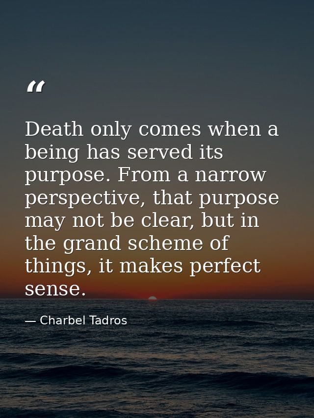 Death only comes when a being has served its purpose. From a narrow perspective, that purpose may not be clear, but in t — Charbel Tadros