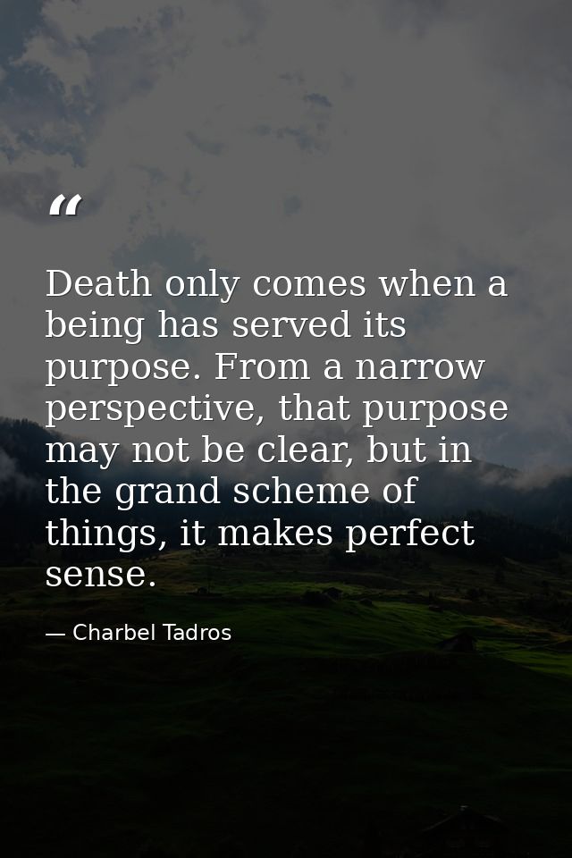 Death only comes when a being has served its purpose. From a narrow perspective, that purpose may not be clear, but in t — Charbel Tadros