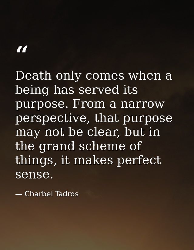 Death only comes when a being has served its purpose. From a narrow perspective, that purpose may not be clear, but in t — Charbel Tadros