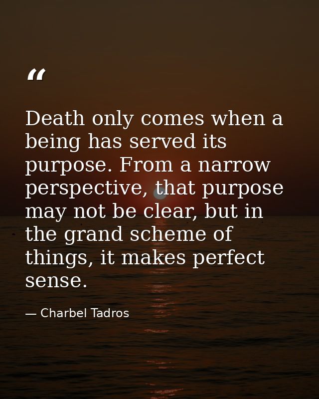Death only comes when a being has served its purpose. From a narrow perspective, that purpose may not be clear, but in t — Charbel Tadros