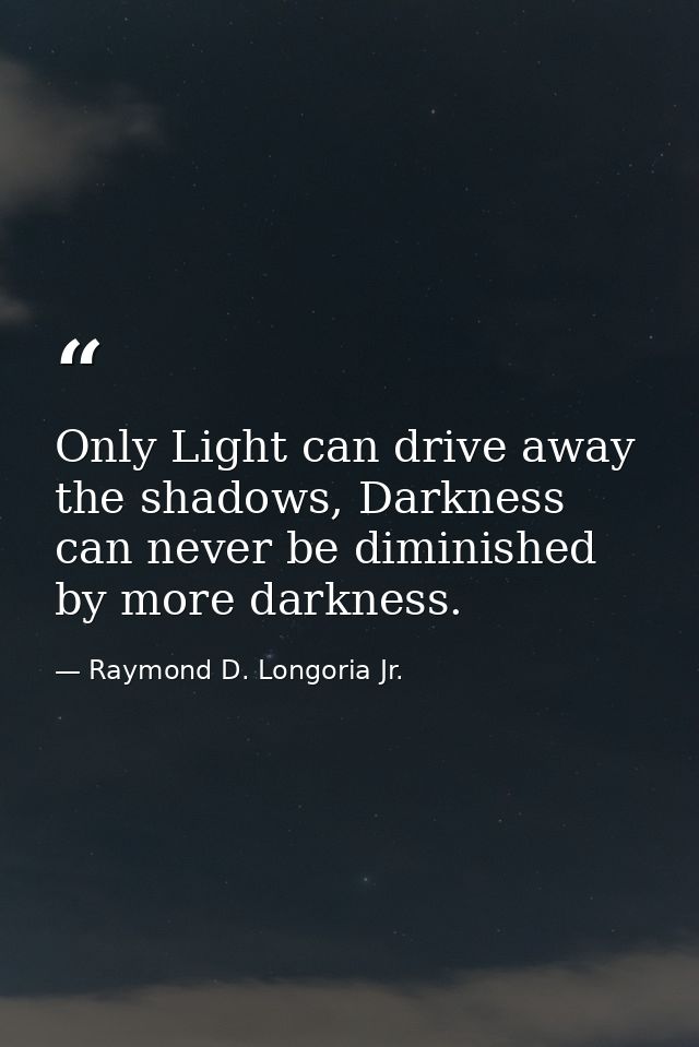 Only Light can drive away the shadows, Darkness can never be diminished by more darkness. — Raymond D. Longoria Jr.
