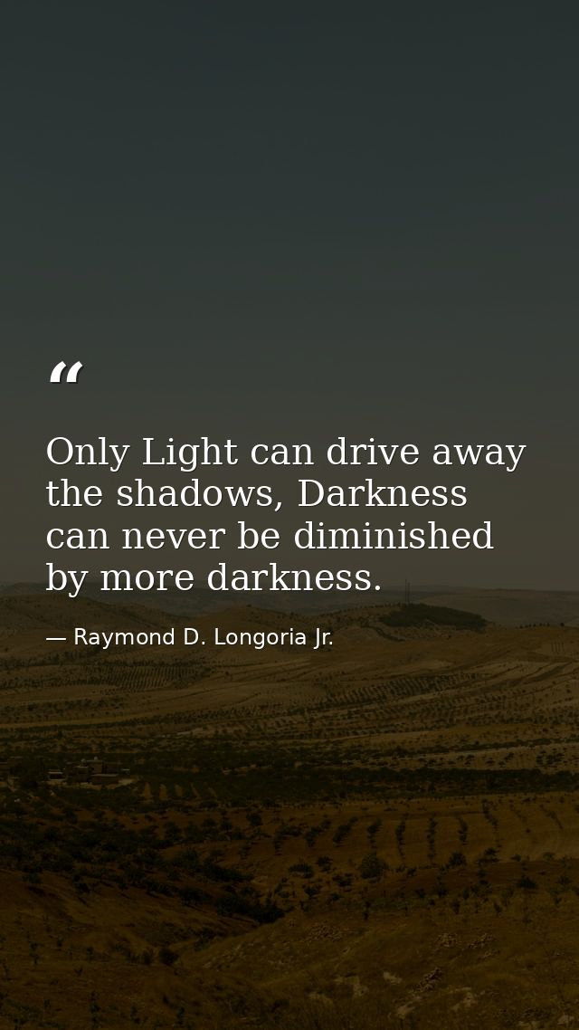 Only Light can drive away the shadows, Darkness can never be diminished by more darkness. — Raymond D. Longoria Jr.