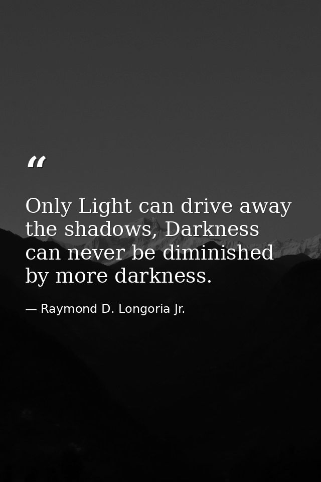 Only Light can drive away the shadows, Darkness can never be diminished by more darkness. — Raymond D. Longoria Jr.