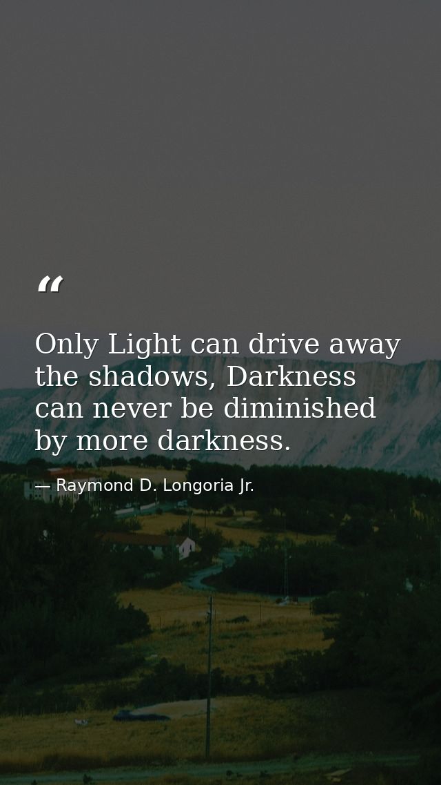 Only Light can drive away the shadows, Darkness can never be diminished by more darkness. — Raymond D. Longoria Jr.
