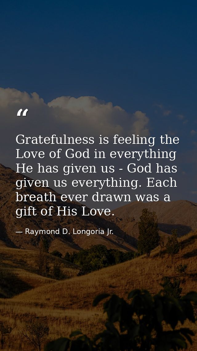 Gratefulness is feeling the Love of God in everything He has given us - God has given us everything. Each breath ever dr — Raymond D. Longoria Jr.