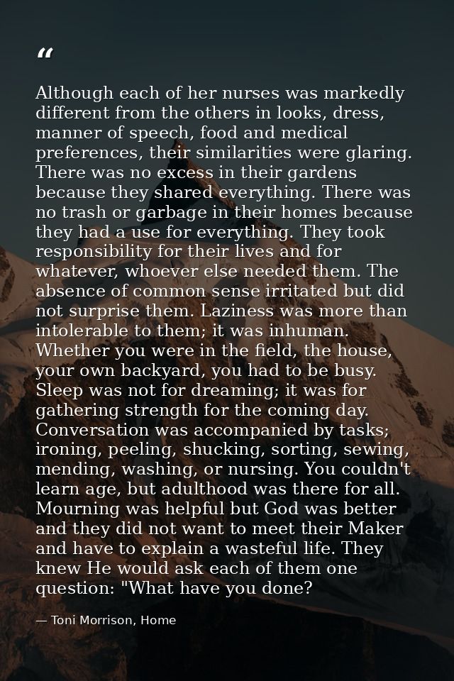 Although each of her nurses was markedly different from the others in looks, dress, manner of speech, food and medical p — Toni Morrison, Home