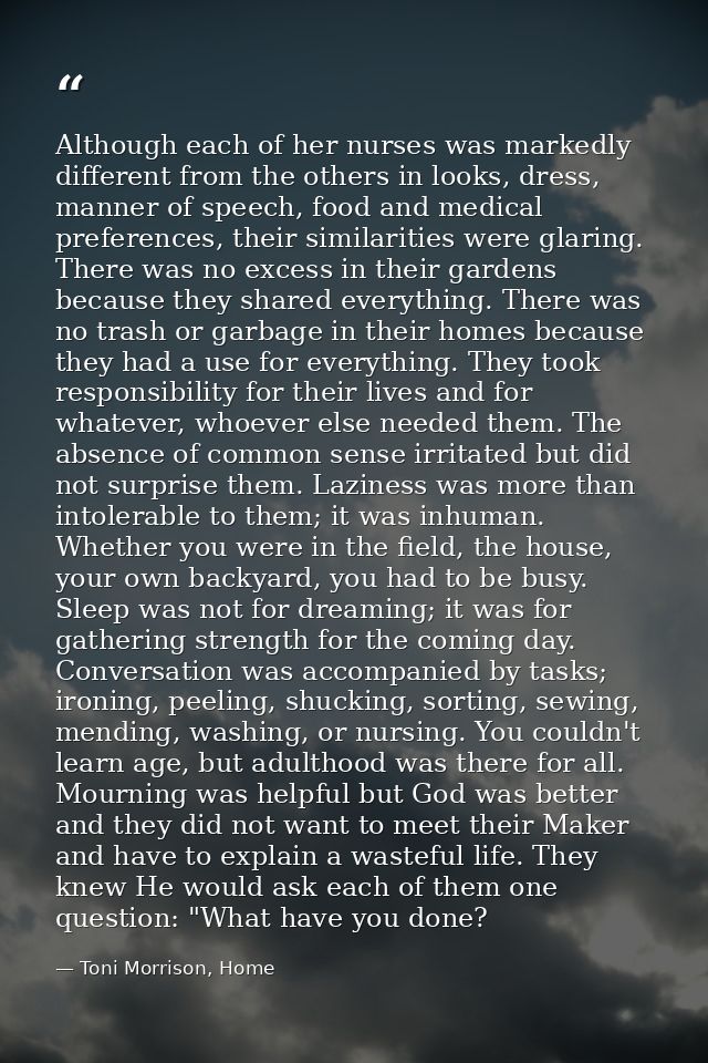 Although each of her nurses was markedly different from the others in looks, dress, manner of speech, food and medical p — Toni Morrison, Home