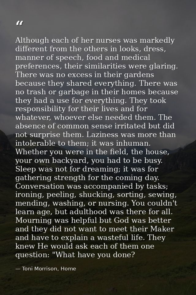 Although each of her nurses was markedly different from the others in looks, dress, manner of speech, food and medical p — Toni Morrison, Home