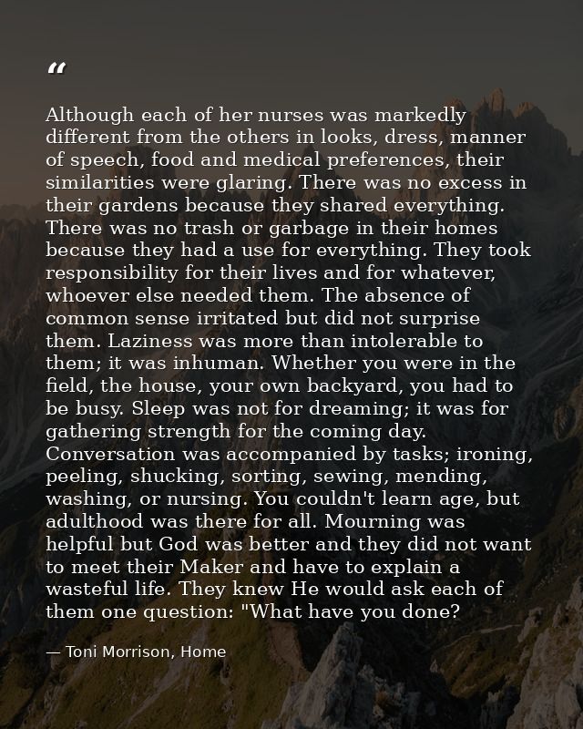 Although each of her nurses was markedly different from the others in looks, dress, manner of speech, food and medical p — Toni Morrison, Home
