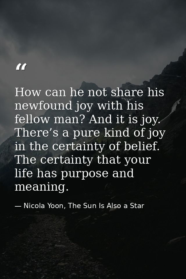 How can he not share his newfound joy with his fellow man? And it is joy. There’s a pure kind of joy in the certainty of — Nicola Yoon, The Sun Is Also a Star