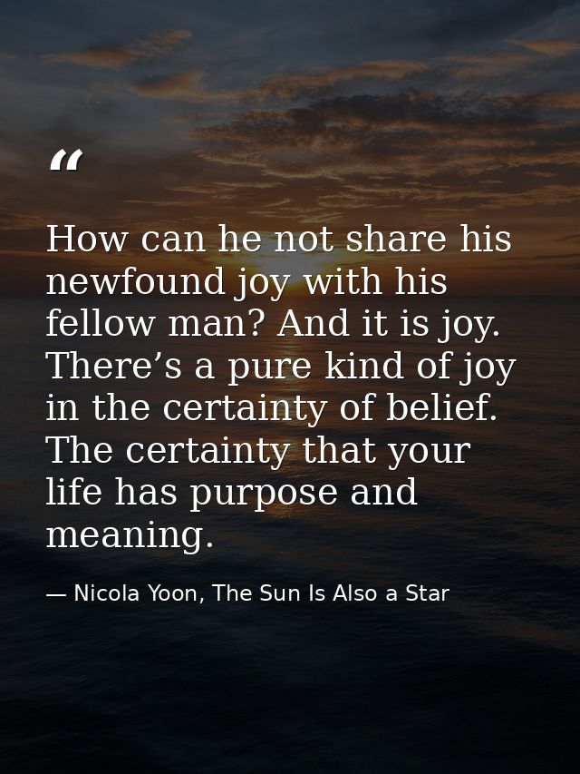 How can he not share his newfound joy with his fellow man? And it is joy. There’s a pure kind of joy in the certainty of — Nicola Yoon, The Sun Is Also a Star
