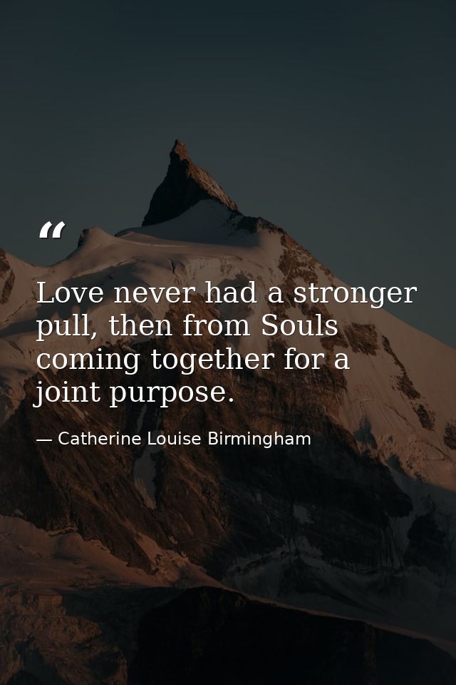 Love never had a stronger pull, then from Souls coming together for a joint purpose. — Catherine Louise Birmingham