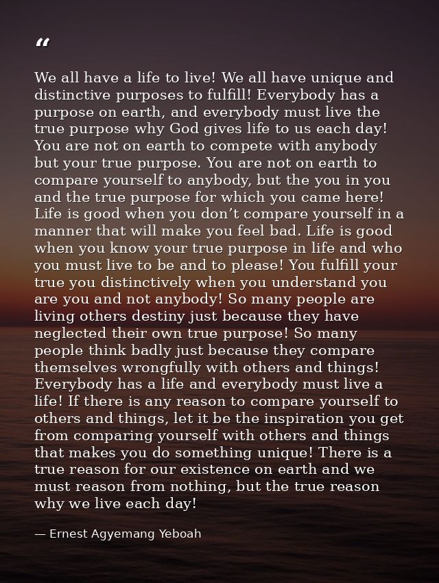 We all have a life to live! We all have unique and distinctive purposes to fulfill! Everybody has a purpose on earth, an — Ernest Agyemang Yeboah