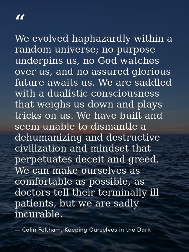We evolved haphazardly within a random universe; no purpose underpins us, no God watches over us, and no assured gloriou — Colin Feltham, Keeping Ourselves in the Dark
