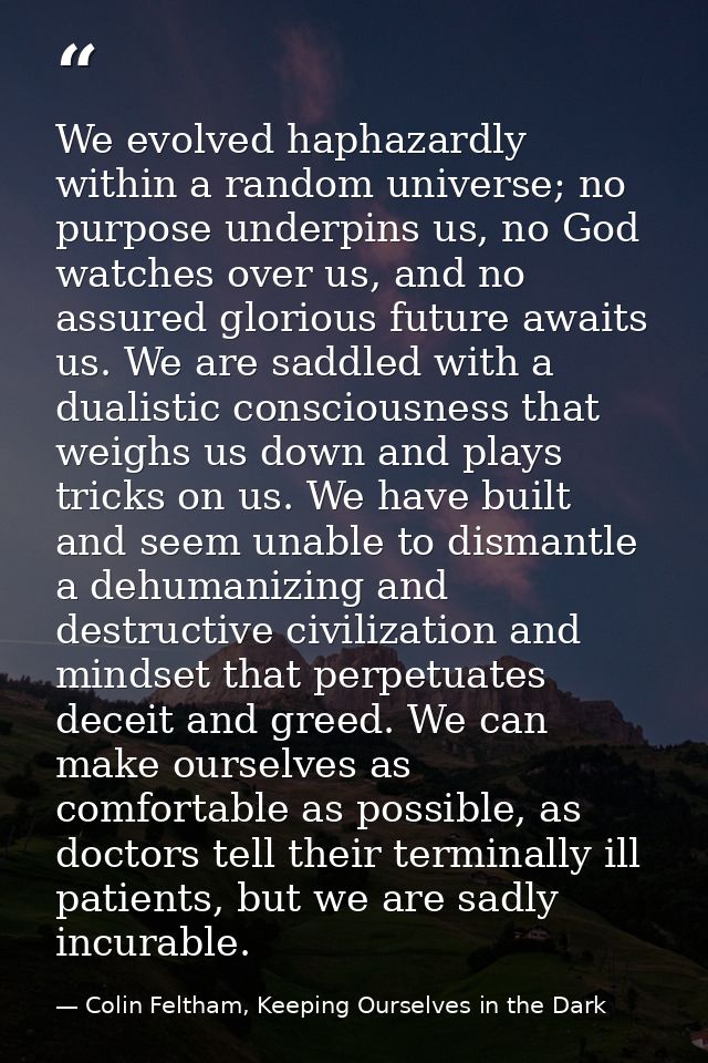 We evolved haphazardly within a random universe; no purpose underpins us, no God watches over us, and no assured gloriou — Colin Feltham, Keeping Ourselves in the Dark