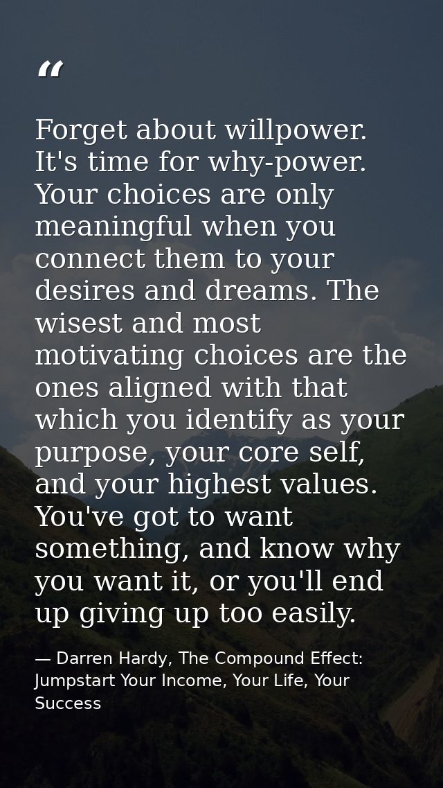 Forget about willpower. It's time for why-power. Your choices are only meaningful when you connect them to your desires  — Darren Hardy, The Compound Effect: Jumpstart Your Income, Your Life, Your Success
