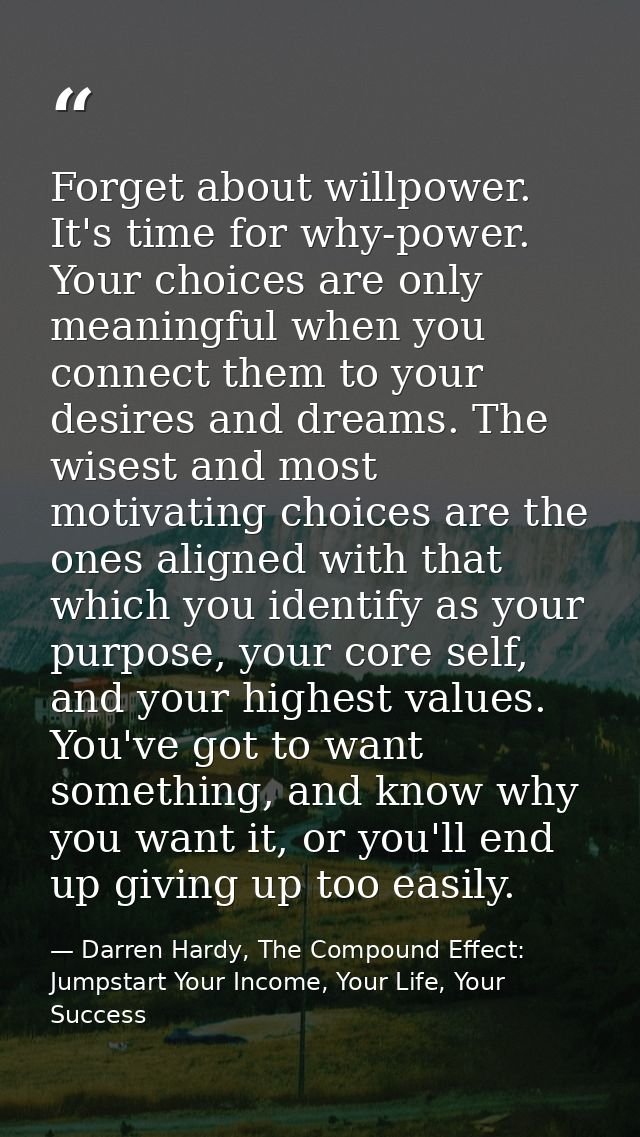 Forget about willpower. It's time for why-power. Your choices are only meaningful when you connect them to your desires  — Darren Hardy, The Compound Effect: Jumpstart Your Income, Your Life, Your Success