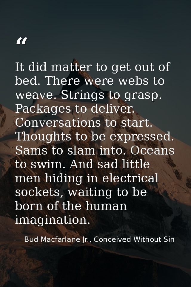 It did matter to get out of bed. There were webs to weave. Strings to grasp. Packages to deliver. Conversations to start — Bud Macfarlane Jr., Conceived Without Sin