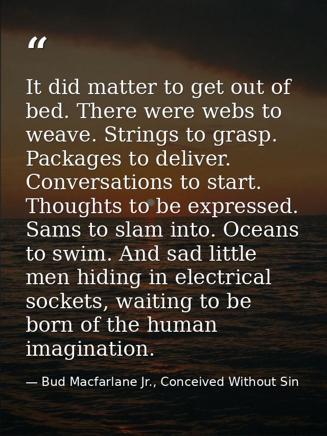 It did matter to get out of bed. There were webs to weave. Strings to grasp. Packages to deliver. Conversations to start — Bud Macfarlane Jr., Conceived Without Sin