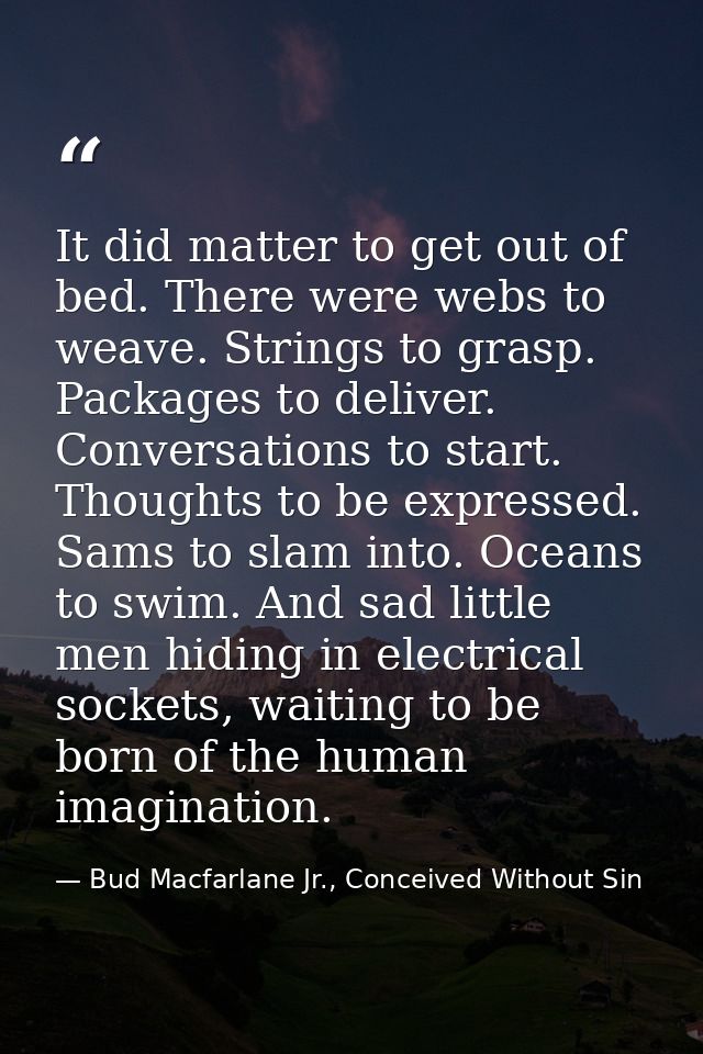 It did matter to get out of bed. There were webs to weave. Strings to grasp. Packages to deliver. Conversations to start — Bud Macfarlane Jr., Conceived Without Sin