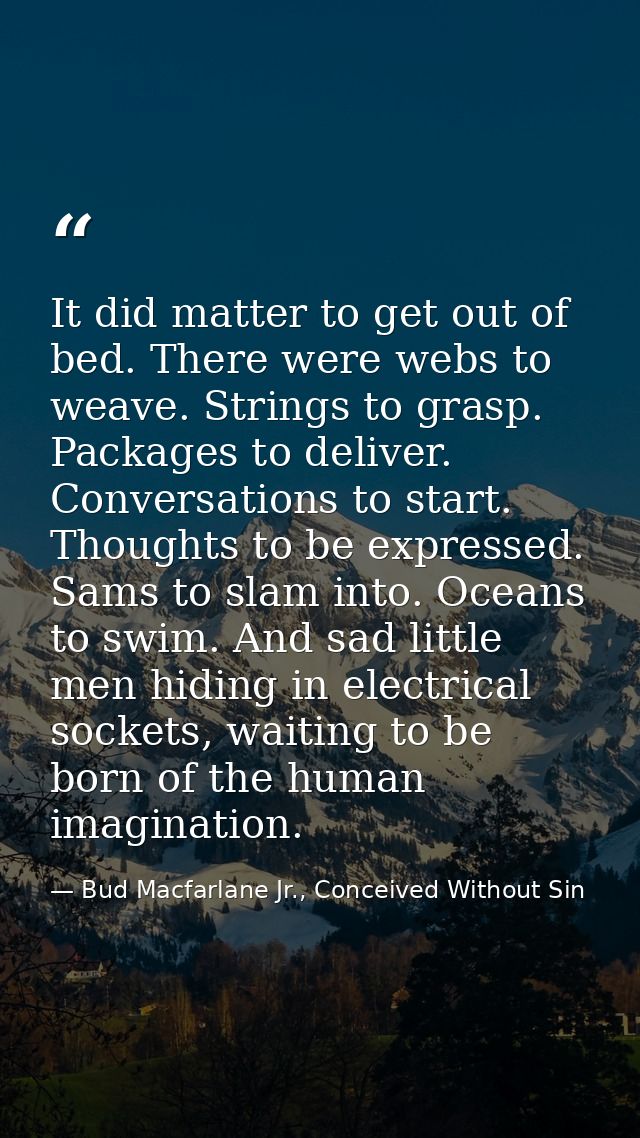It did matter to get out of bed. There were webs to weave. Strings to grasp. Packages to deliver. Conversations to start — Bud Macfarlane Jr., Conceived Without Sin