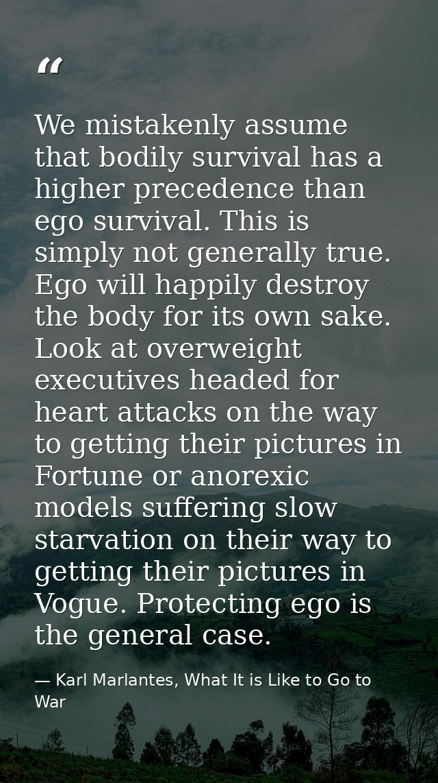 We mistakenly assume that bodily survival has a higher precedence than ego survival. This is simply not generally true.  — Karl Marlantes, What It is Like to Go to War